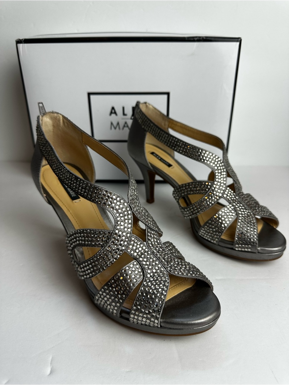Alex Marie Silver Rhinestone Heels Women's Size 8 M Shoes Zip Back Peep Toe